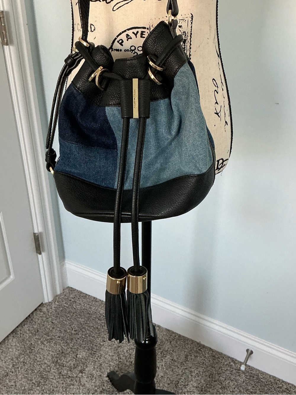 See By Chloe Blue Denim and Black Leather Drawstring Bucket Bag